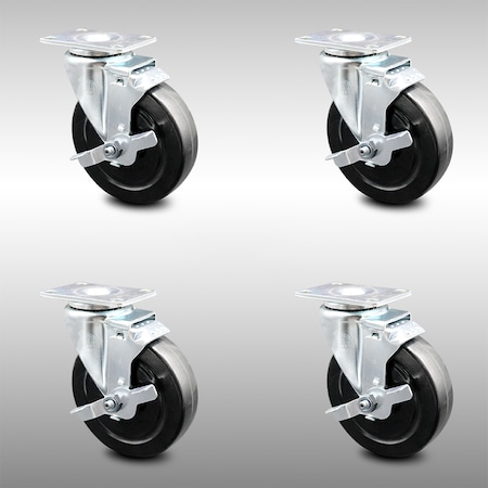 Service Caster 5 Inch SS Hard Rubber Wheel Swivel Top Plate Caster Set with Brake SCC SCC-SS20S514-HRS-TLB-4